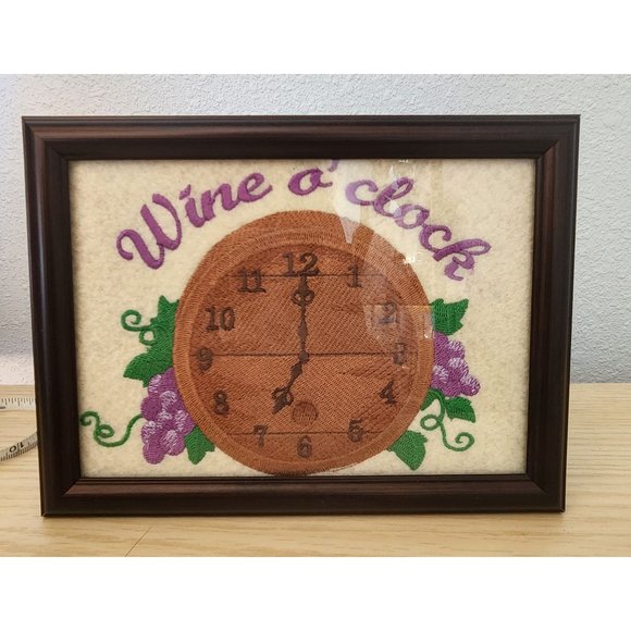 Embroidered 8" x 6" Frame Says Wine O'clock Clock Face Grapes Leaves Harbortown - Picture 4 of 8